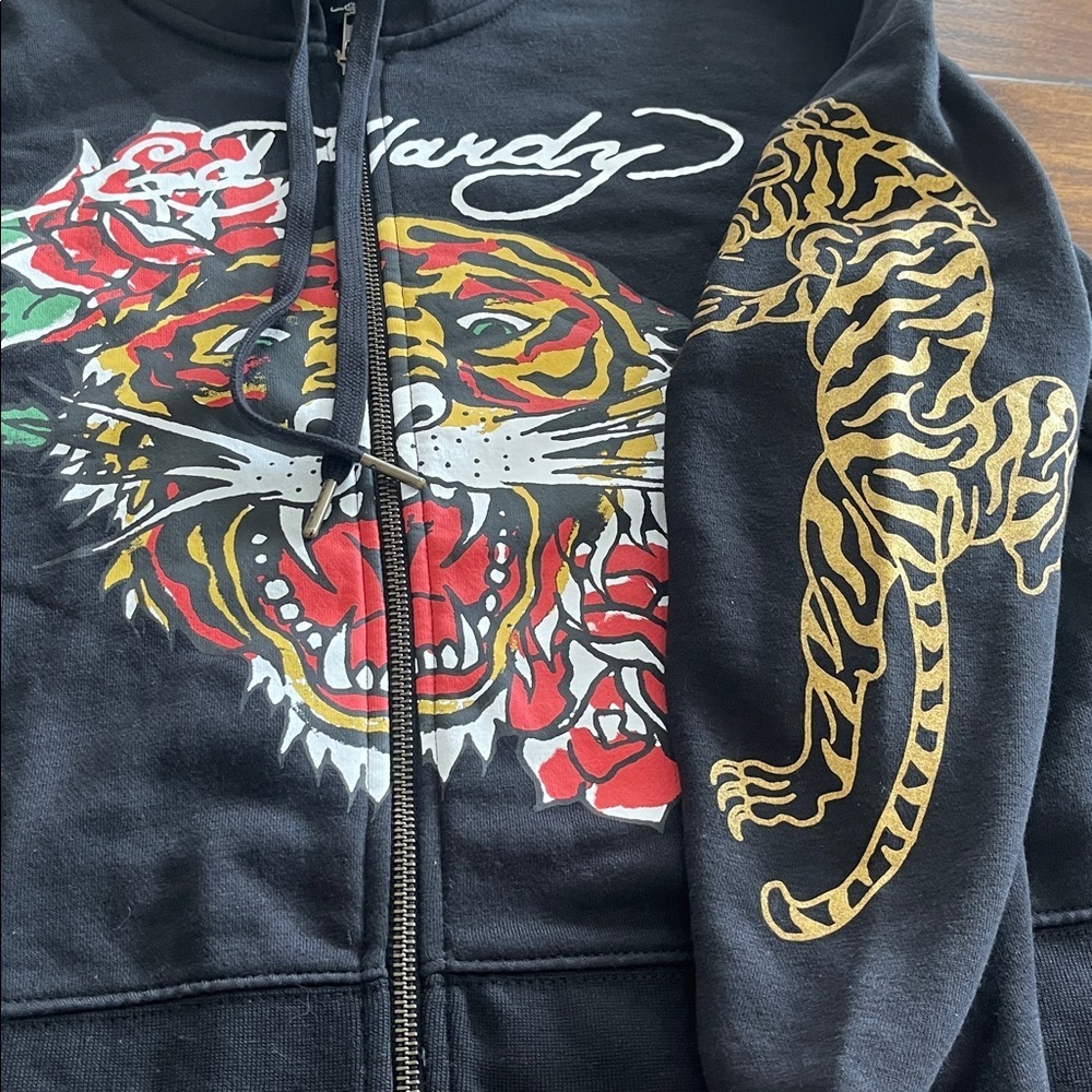 Ed Hardy tiger Women's zip Up cropped Hoodie sweatshirt black size 2X - Picture 11 of 15